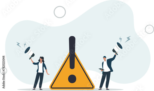 alert and beware concept, business people announce on megaphone with attention exclamation sign.flat vector illustration.