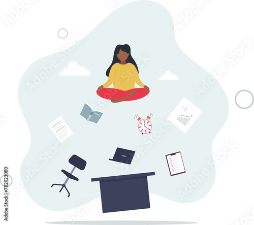 comfortable to work, project management or relax workplace, balance or productivity concept,woman mindfulness meditating.flat vector illustration.