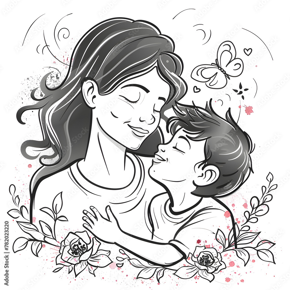 Mothers and son line art illstration, mother day celebration background.