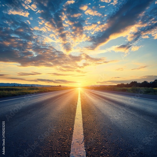 Sunrise Road, Summer Sunny Highway, Journey Landscape, Way to Sunlight Horizon, Copy Space © artemstepanov