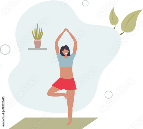 young woman practices yoga.standing on one leg.cozy home atmosphere.flat vector illustration.
