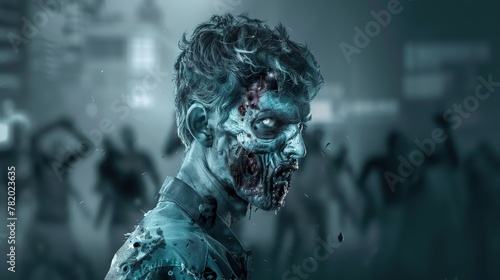 The camera focused on the zombies eyes dead yet burning with an insatiable hunger photo