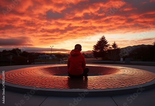 A young boy sits on the edge of an intricate, circular wooden platform that stretches across all four sides of a city square both overlooking and above the vibrant hues of sunset