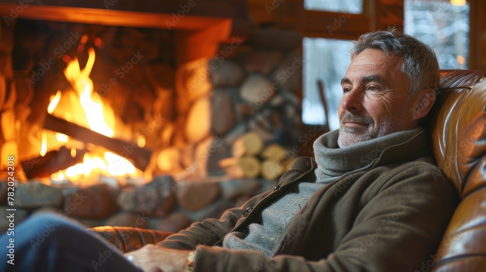 A man feeling peaceful and content while sitting by a crackling fireplace.