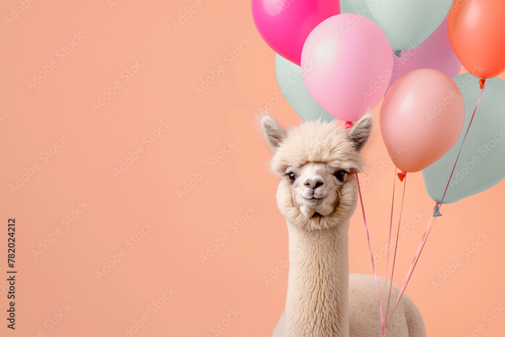 Fototapeta premium Cute Alpaca animal with a bunch of colorful balloons on a bright peach pastel background. Birthday party vibes, vibrant colors. 