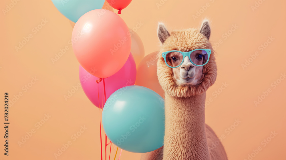 Obraz premium Cute Alpaca animal with a bunch of colorful balloons on a bright peach pastel background. Birthday party vibes, vibrant colors. 