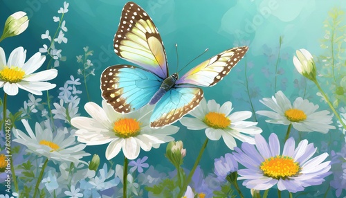 butterfly on a flower, Background flower butterfly spring garden floral beauty blossom plant blue. Garden spring butterfly background summer flower field white color season banner  © Hyder