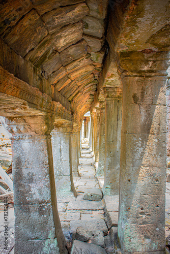 The old passage that built by ancient sandstone bricks at Banteay Kdei temple in Siem Reap, Cambodia
