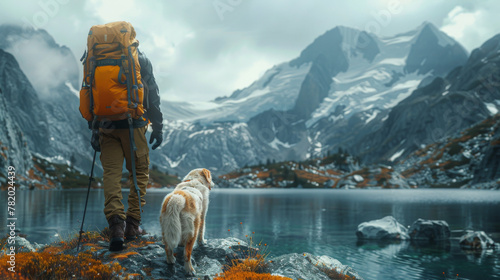 man and white dog trekking in mountains over glacier lake