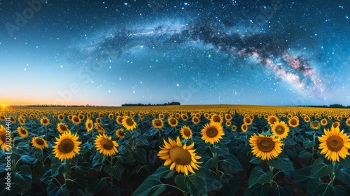 A panorama of a sunflower field under a starry night sky, with the Milky Way shimmering above the field of blooms