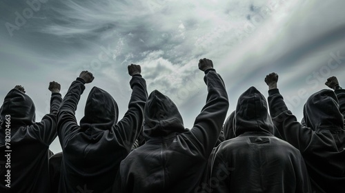 People in hoodies raise their fists in the air. The concept of protest, rebellion.