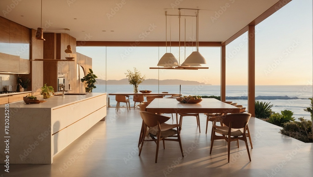 This kitchen boasts a sophisticated design with sleek surfaces and a dining area with panoramic ocean views as the sun sets, creating a tranquil dining experience