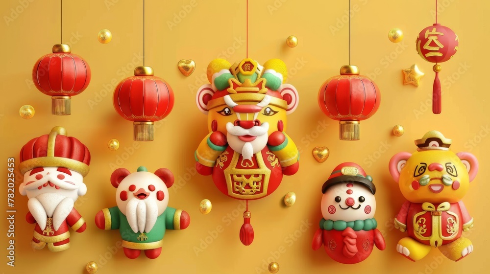 An ornament set with Chinese characters isolated on a yellow background. A variety of designs ornaments and a giant brush with Chinese characters are included.