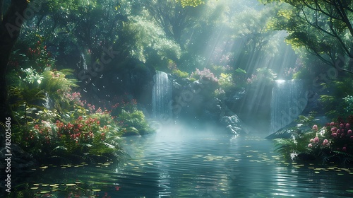 Beautiful hidden gem  clean a waterfall with river flow on nature frame by trees glowing shine by lightsun