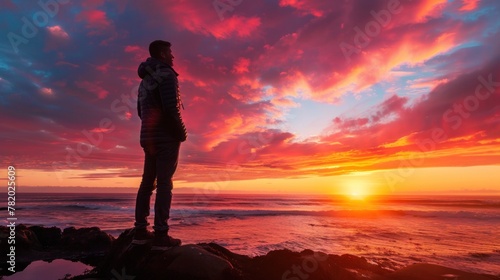 A man feeling amazed and awestruck while witnessing a beautiful sunset. 