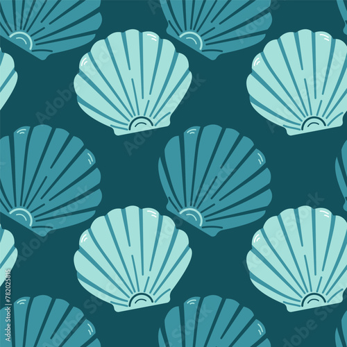 Seamless pattern with sea shells. Blue sea shells seamless pattern on blue backround. Trendy pattern of seashells for wrapping paper  wallpaper  stickers  notebook cover.