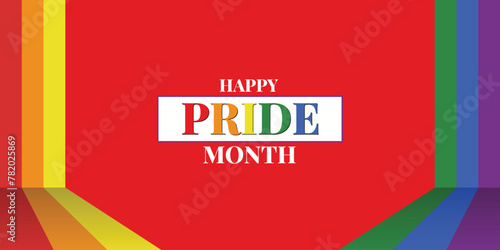 Happy pride, month, love is love, lgbtq, rainbow, color, flag, strips, wishing, greeting, social, media, banner, poster, red bckground design vector illustration