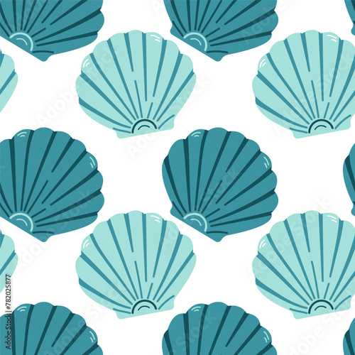Seamless pattern with sea shells. Blue sea shells seamless pattern on white backround. Trendy pattern of seashells for wrapping paper, wallpaper, stickers, notebook cover.