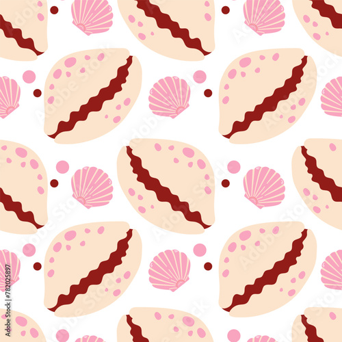 Seamless pattern with pink sea shells. Sea shells seamless pattern. Trendy pattern of seashells for wrapping paper, wallpaper, stickers, notebook cover.