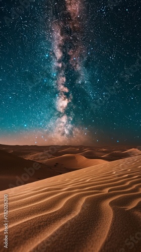 A vast desert landscape, wind-sculpted sand dunes stretching to the horizon under a starlit night sky