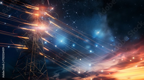 Concept of power supply, voltage management, and technological advancement. Electricity transmission towers with glowing orange wires against a starry night sky, depicting energy infrastructure photo