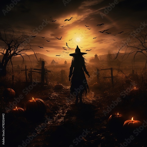illustration of a witch standing in a filed of glowing pumpkins silh, Generative ai