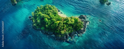 Aerial perspective of a secluded tropical island surrounded by azure waters, offering a sense of escape and tranquility.