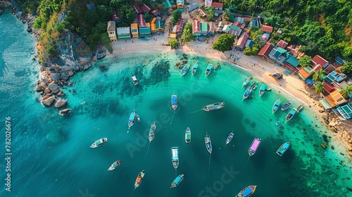 Aerial view of a coastal fishing village with boats docked along the shore, depicting traditional maritime lifestyles.