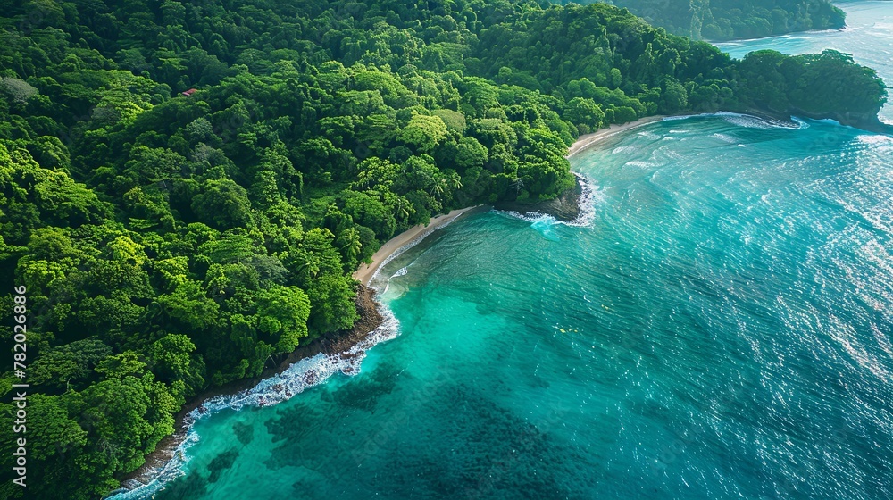 Drone perspective of a coastal rainforest meeting the ocean, showcasing the rich biodiversity of coastal ecosystems.