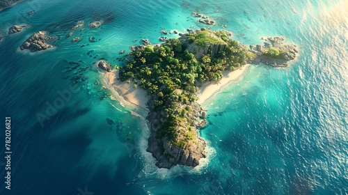 Bird's-eye perspective of a tropical island chain surrounded by turquoise waters, offering a sense of serenity and escape. photo