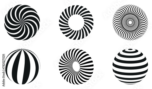 A collection of balls with different patterns. A set of 3D striped balls. Black and white geometric elements for design templates, icons, logos. A set of abstract vector balls
