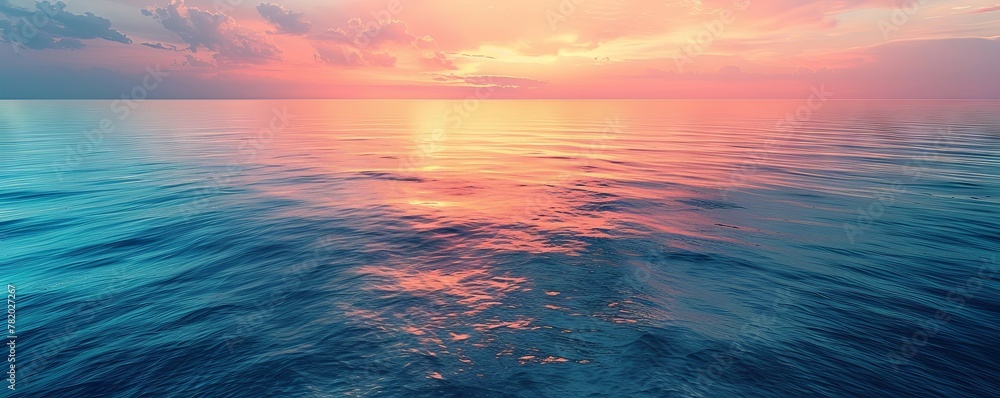Top-down shot of a calm ocean surface reflecting the colors of the sky during sunset, ideal for peaceful and reflective themes.