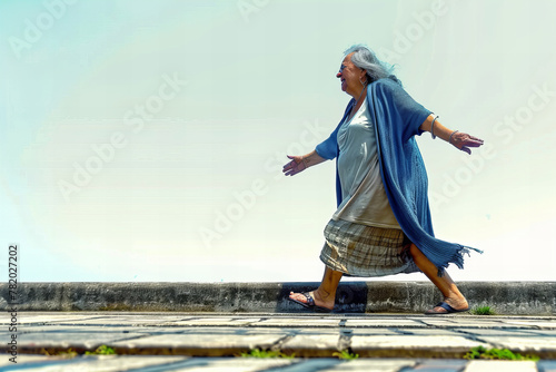 Joyful Elderly Woman Celebrates Life With A Carefree Walk Banner