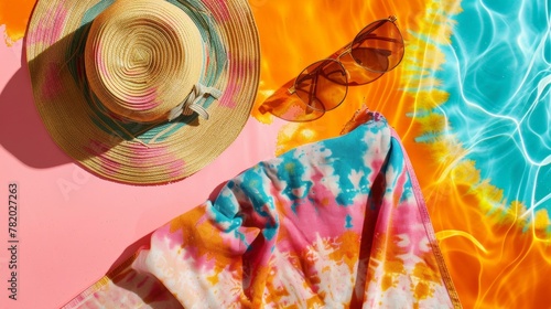 A vibrant still life of summer essentials: a pair of oversized sunglasses, a floppy straw hat, a playful beach towel, and a lightweight