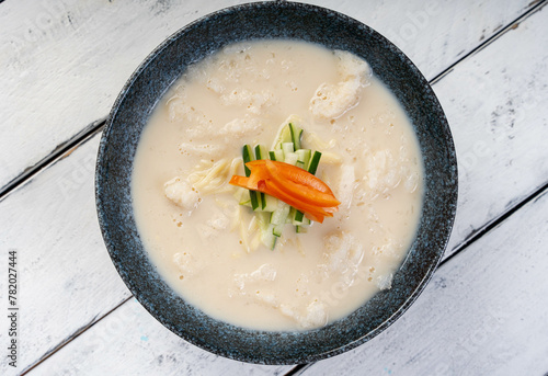 Korean cold soybean noodle soup also known as kongguksu 