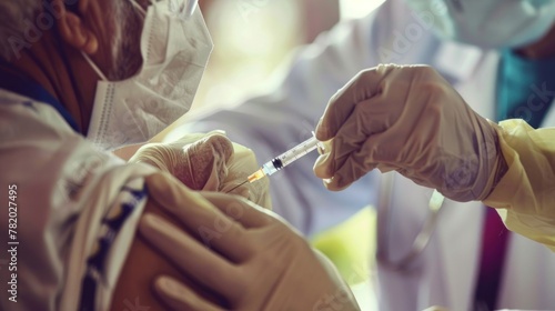 A patient receiving a vaccine from a healthcare worker. 