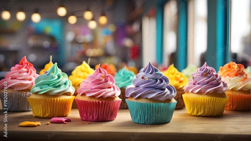  A display of colorful cupcakes in a bakery shop, Artistic Image, Realistic, Digital Illustration, Artists from Art Station, Dribble, and Deviantart, Wide Angle Shot, 24mm lens, High Resolution, Soft 