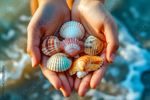 A woman holding seashells in her hands.
