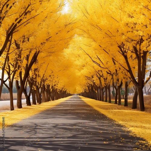 illustration of autumn gingko boulevard ginkgo trees on both sides, Generative ai