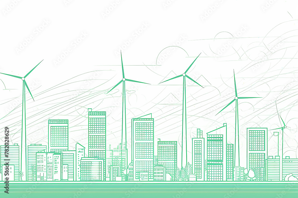 Minimalist Vector Line Drawing Of A Green Cityscape With Wind Turbines minimalist-vector-line-drawing-of-a-green-cityscape-with-wind-turbines