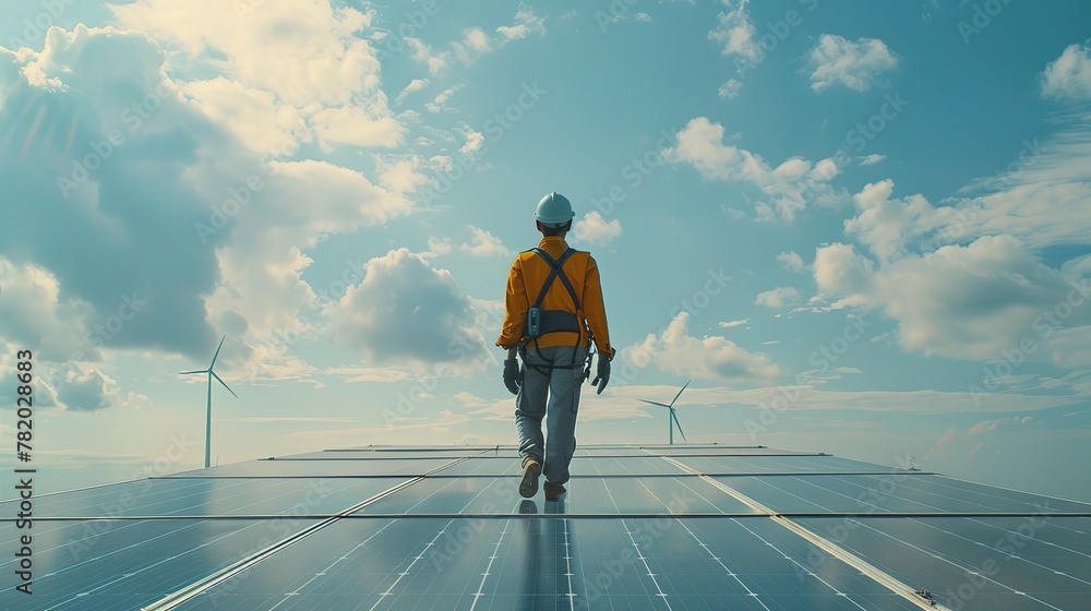 Professional Male Green Energy Engineer Walking On Solar Panel, Wearing Safety Belt And Hard Hat. Man Inspecting Sustainable Energy Farm With Wind Turbines. VFX Edit Visualizing Electricity Flow