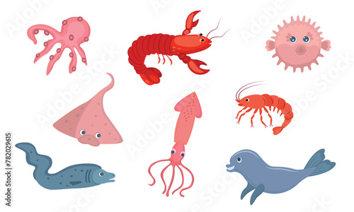 Fish characters set, on the theme of sea, travel, sushi food. Shrimp, squid, octopus, eel fish, dolphin, stingray, crayfish, crab, sea bladder fish. Vector illustration on a white background. © Liliy