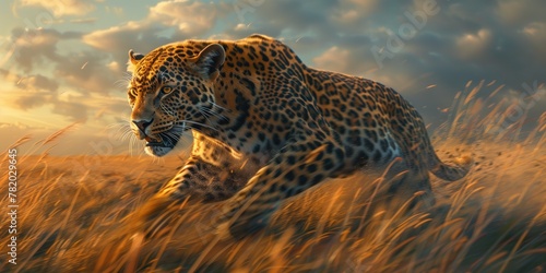 Dynamic Wildlife Scene with Running Leopard, Golden Hour Leopard Sprint in Rustic Grassland Setting