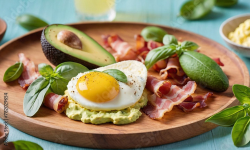 A hearty breakfast on a teal plate, with a halved avocado filled with scrambled eggs topped with a sunny-side-up egg, and crispy bacon strips scattered around.