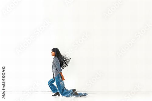 Graceful Woman Walking with Flowing Hair and Denim Banner