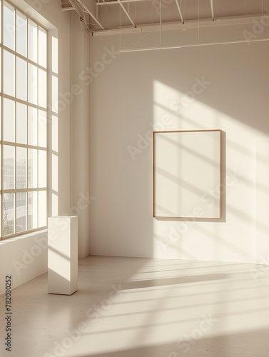 Modern loft art museum with a frame on a white wall, mockup oak frame © lynea