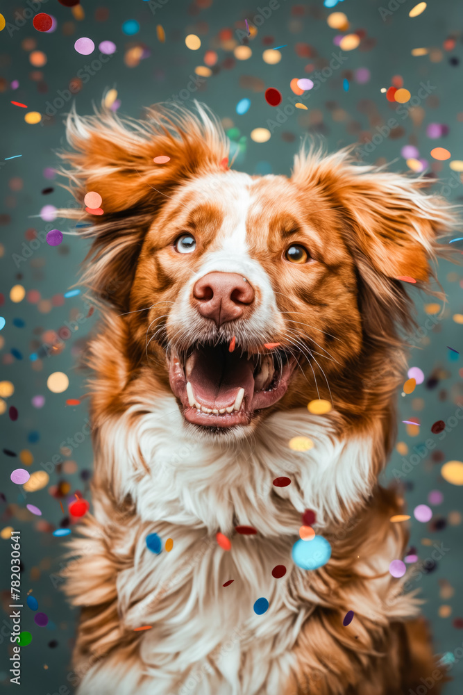Dog with confetti falling behind it.
