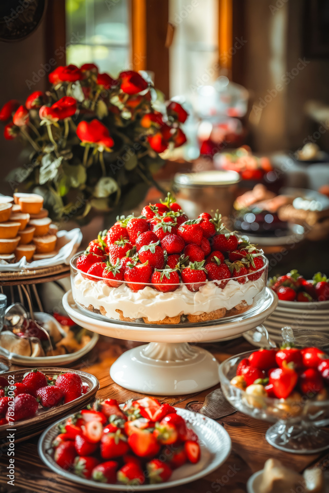 Table full of desserts and strawberries.