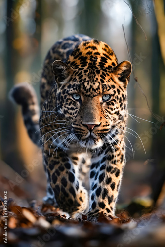 Leopard walking through the woods. © valentyn640
