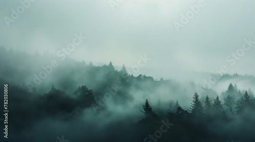 Foggy landscape, soft gradients, sense of mystery and tranquility